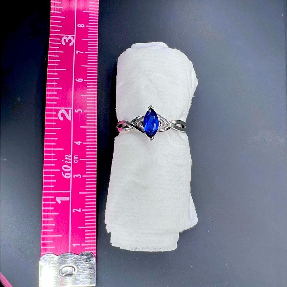 Sapphire and lab created diamonds 10k gold stamped ring size 8/8.5